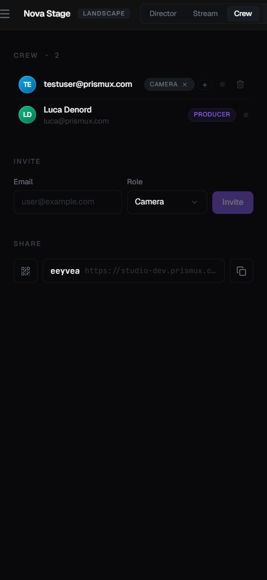 PRISMUX director view running in the app on a phone